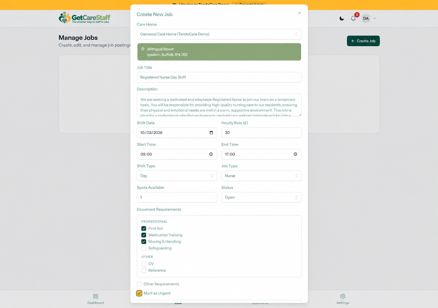 Add a new job posting screen