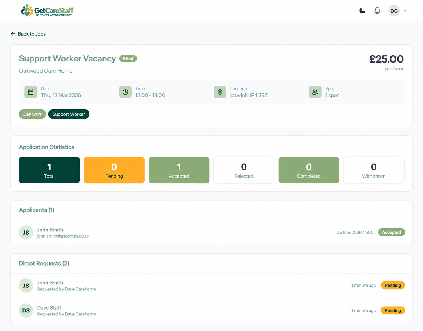 Manage job applicants screen