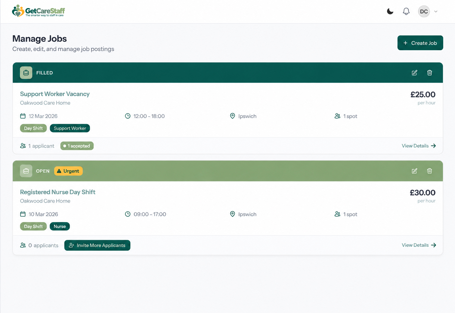 Manage care home jobs screen