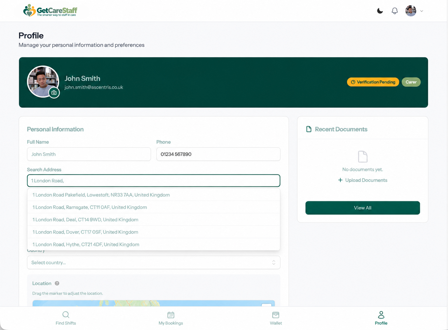 Edit carer profile screen