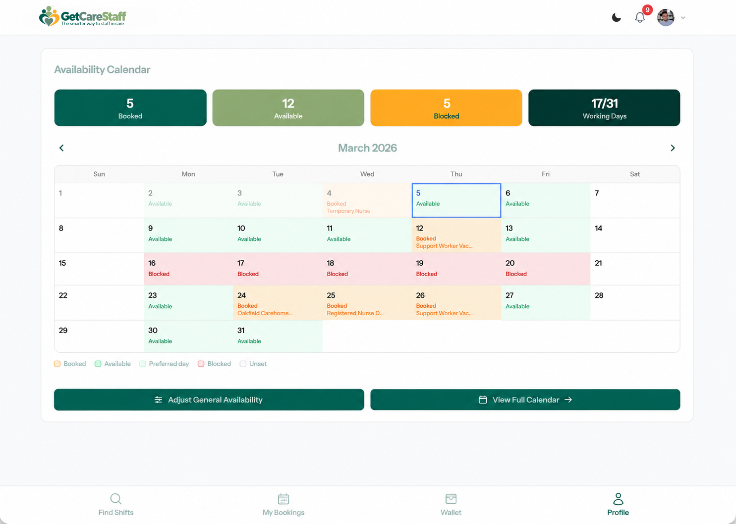Carer calendar availability screen